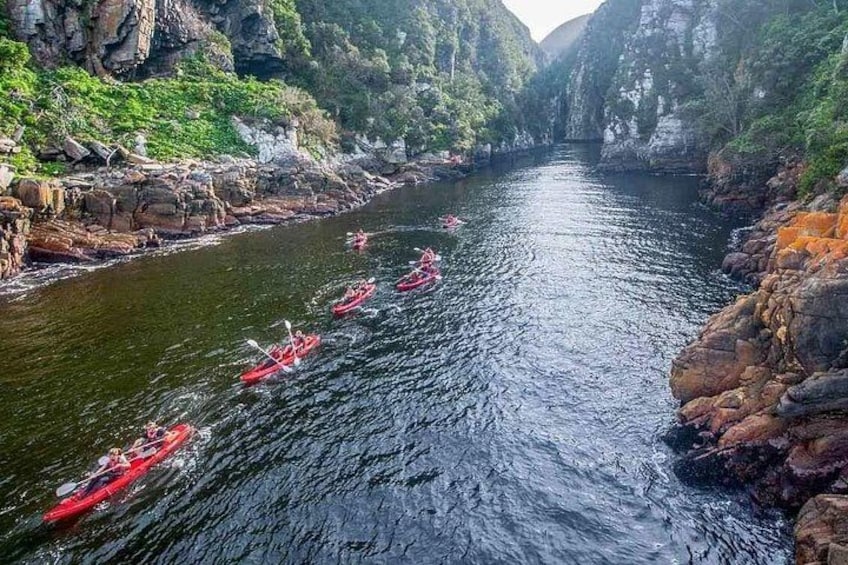 Un río con kayaks, acantilados rocosos y vegetación exuberante. 3