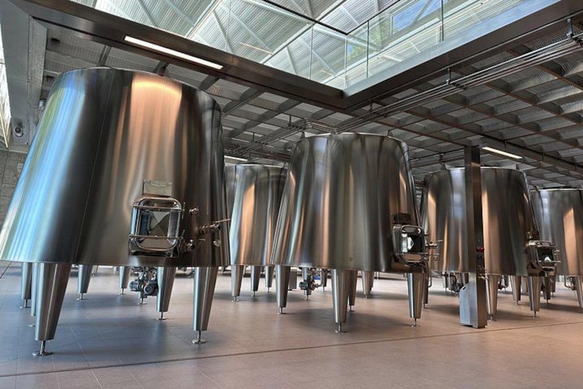 Vasche di fermentazione in acciaio inox in un ambiente industriale moderno, con soffitto alto e lucernari. 5