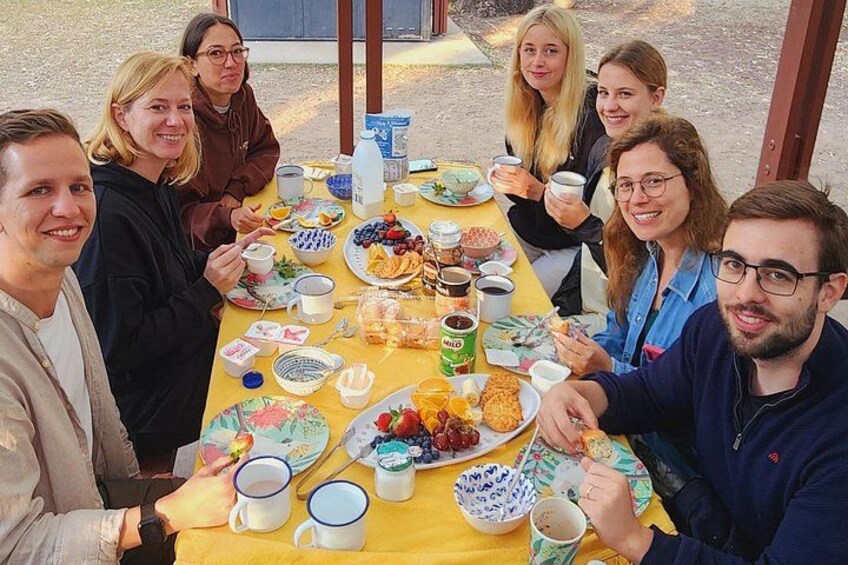 Breakfast is a tasty spread with coffee, tea and juice. 4