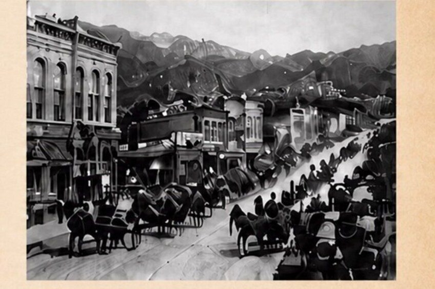 A bustling street scene with horse-drawn carriages and pedestrians. 4