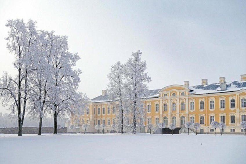 A snow-covered landscape with a large yellow building and leafless trees. 2