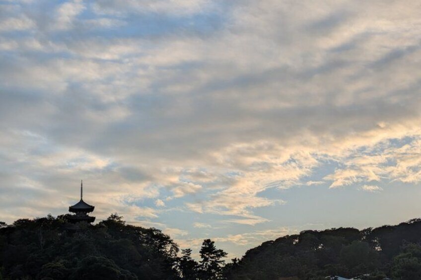 Una pagoda su una collina sotto un cielo nuvoloso. 5