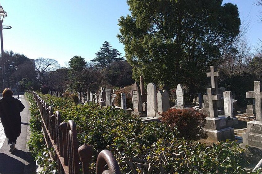 Un cimitero con lapidi e una persona che cammina. 3
