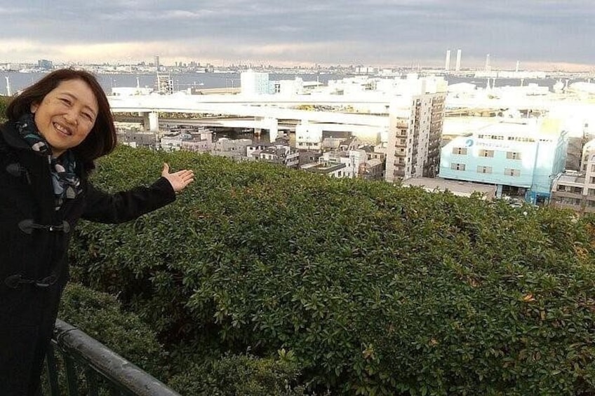 Una persona su un balcone con vista su un paesaggio urbano, con edifici e uno specchio d'acqua sullo sfondo. 1