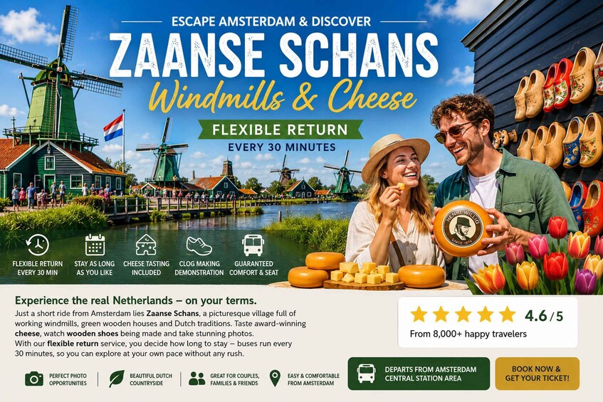 Anuncio de viaje para Zaanse Schans, con molinos, queso y tulipanes. 2