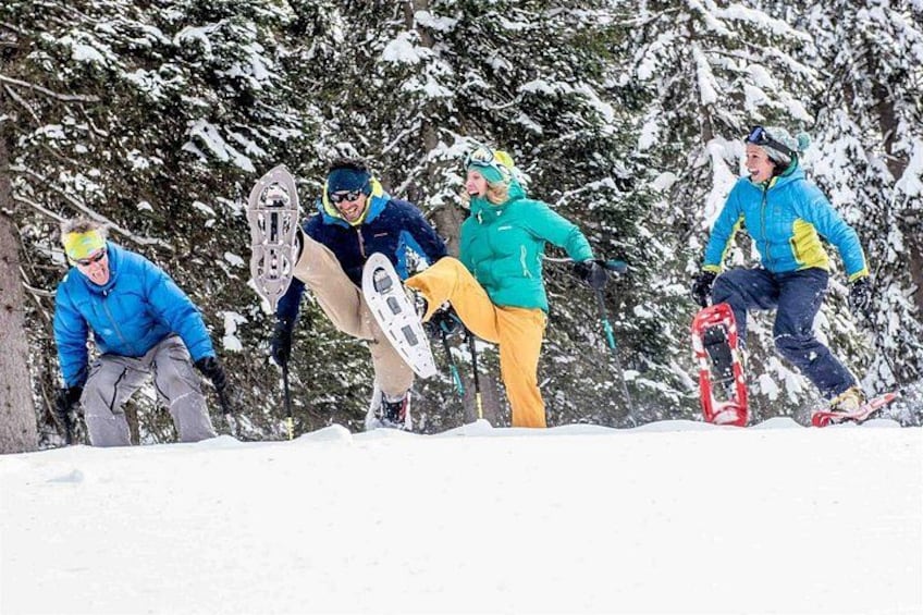 A group of people snowboarding in a snowy forest. 1