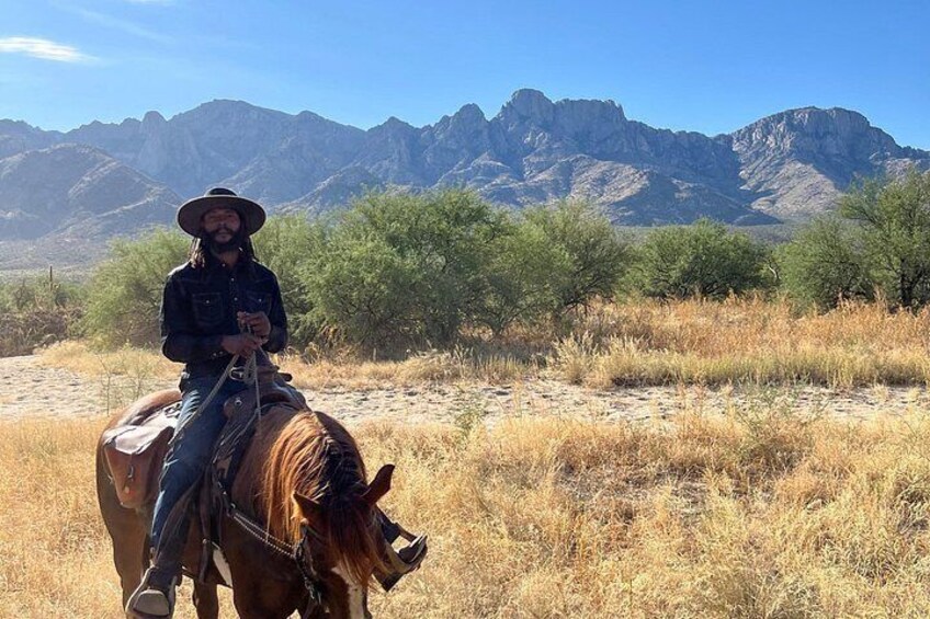 Una persona monta a caballo en un paisaje desértico con montañas al fondo. 5