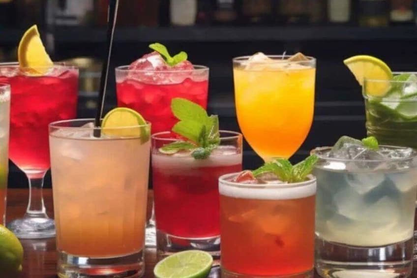 A variety of colorful cocktails with ice and garnishes. 2