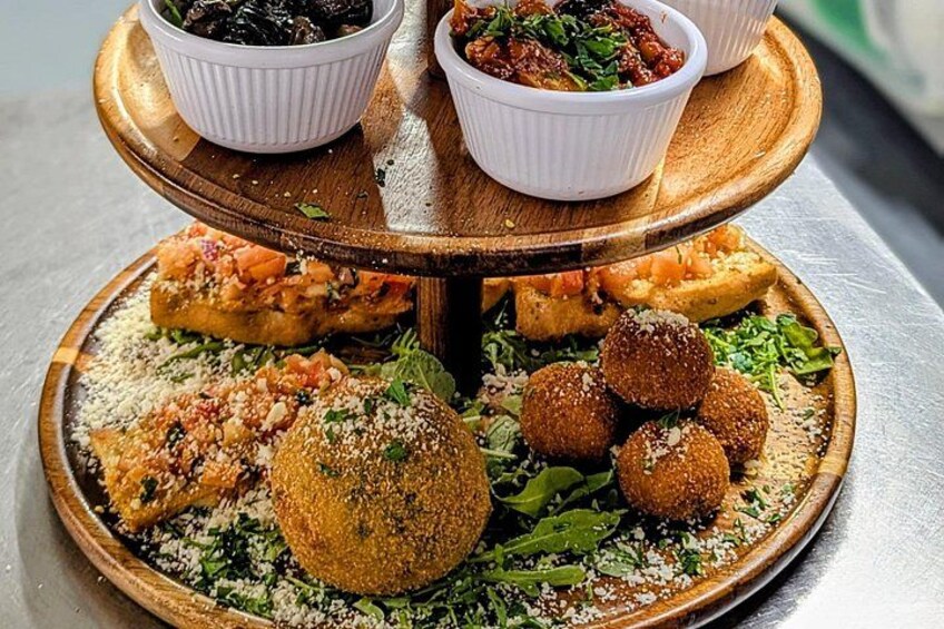 Example of Afternoon Tea Sicilian NQ. Food is Vegetarian. Arancinetti and Bruschetta 3