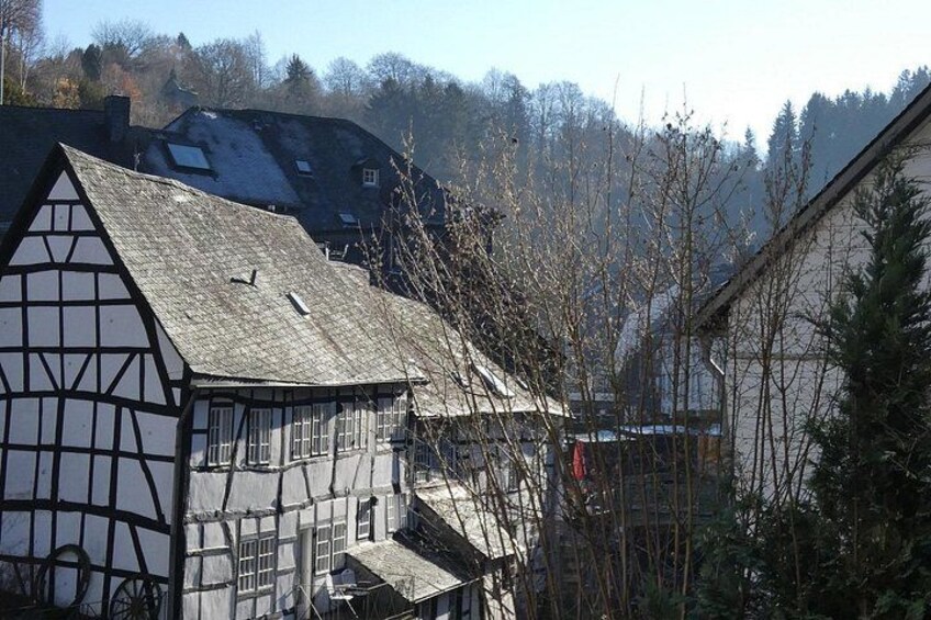 A traditional half-timbered house with a sloped roof, surrounded by trees and other buildings. 3