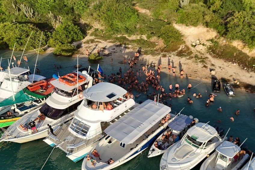 Un puerto deportivo con varias embarcaciones amarradas, una multitud de personas en la orilla y un paisaje natural con árboles y una playa de arena. 3