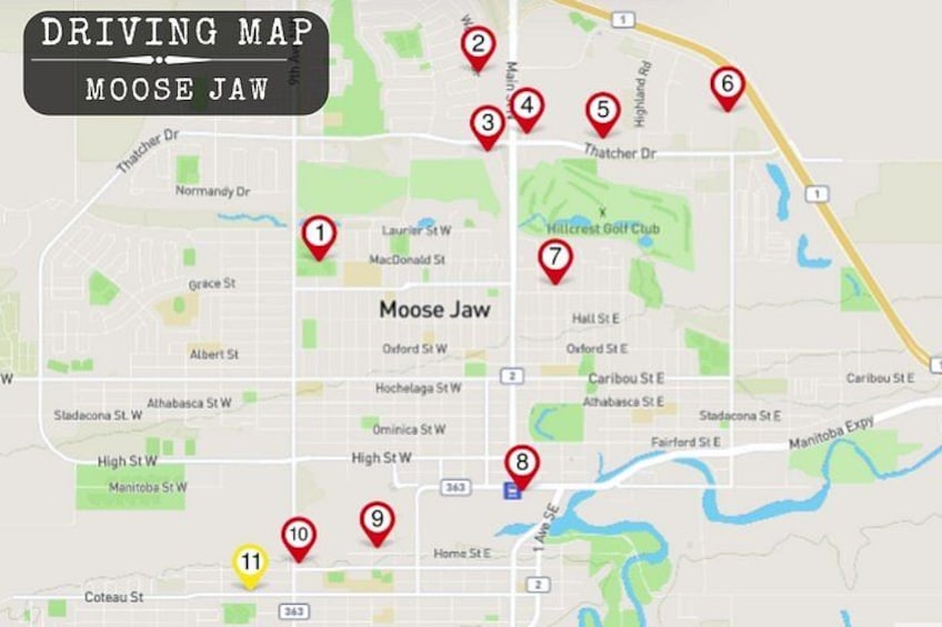 A driving map of Moose Jaw with marked locations and roads. 3