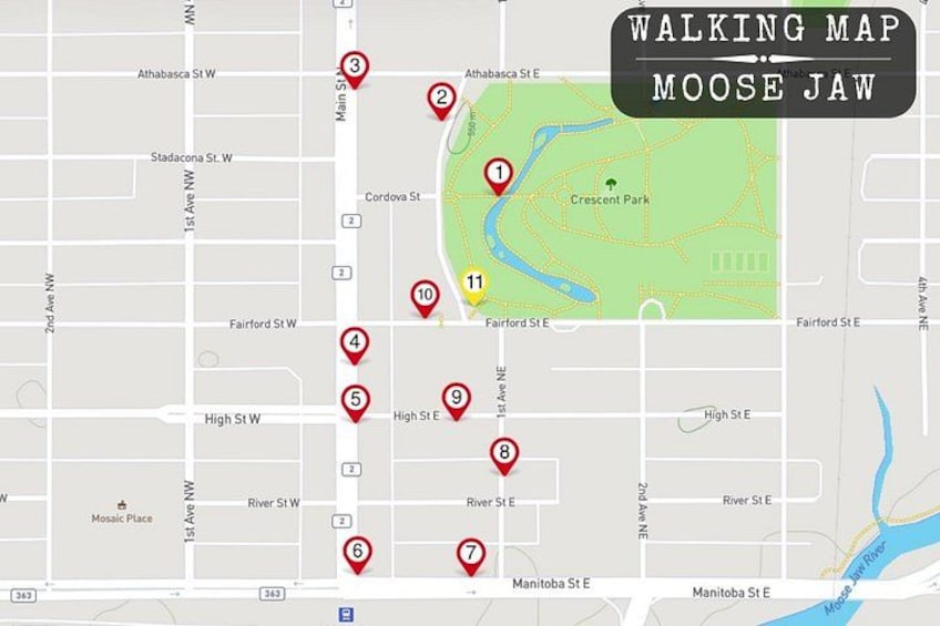 A walking map of Moose Jaw with numbered stops along a route. 2