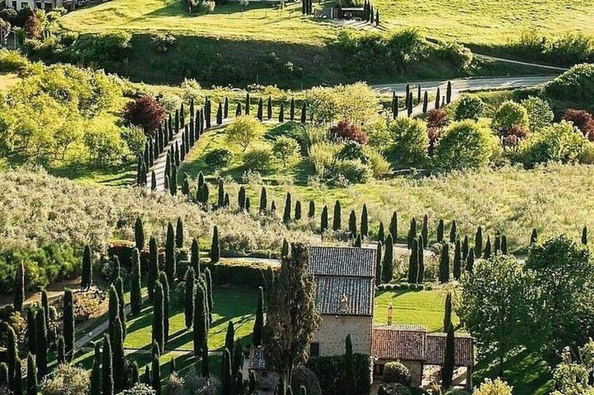 A landscaped garden with neatly trimmed hedges, a small building, and rolling hills in the background. 2