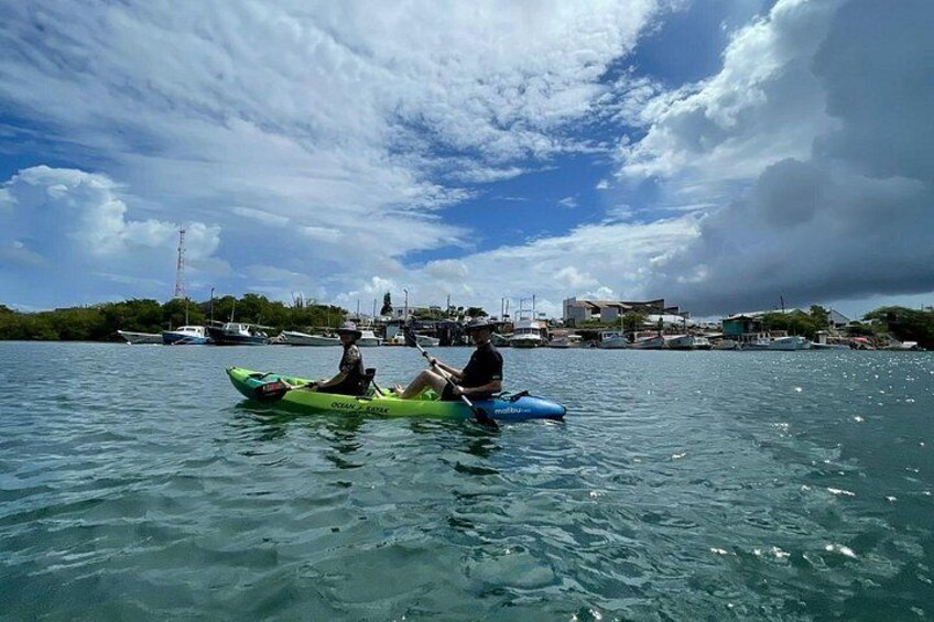 Two people kayaking on a calm body of water with a cloudy sky and a distant shoreline with buildings. 3