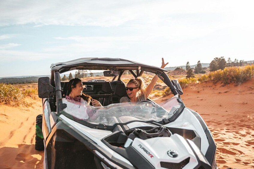 A white off-road vehicle with a roof, two people inside, and a desert landscape with sand dunes in the background. 5