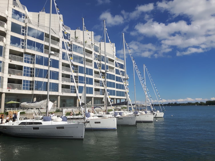 A marina with several yachts docked in front of a modern building. 4