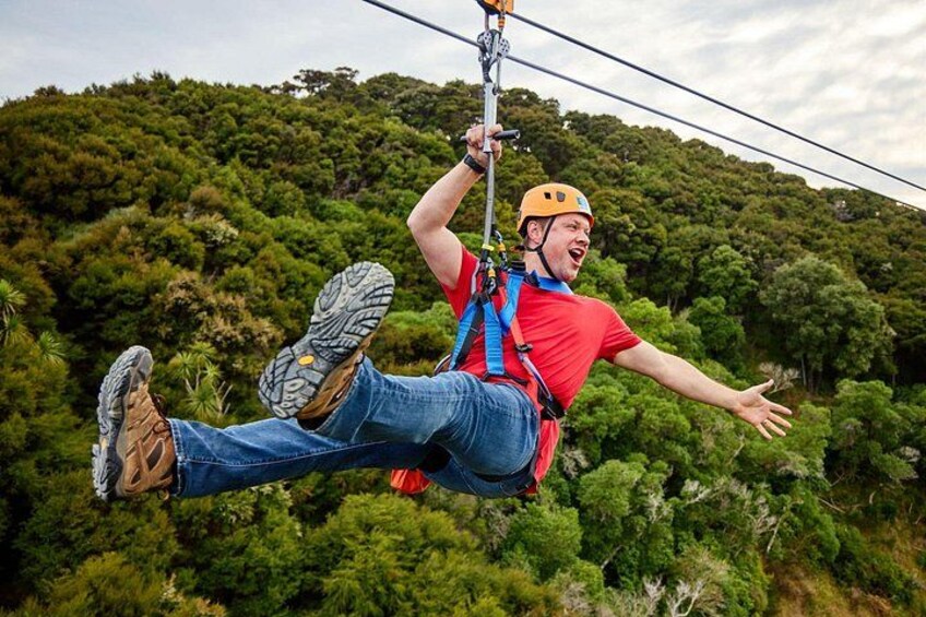 A person zip-lining with a forested landscape in the background. 3
