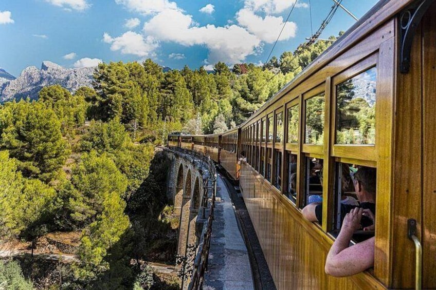 A train on a wooden bridge through a forested area with mountains in the background. 5