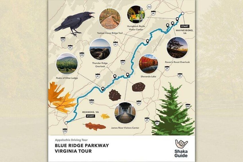 A map of the Blue Ridge Parkway Virginia Tour with scenic spots and visitor centers. 1