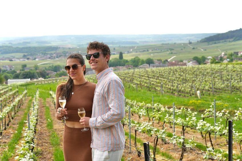 Viñedo con hileras de viñas y una pareja sosteniendo copas de vino. 2