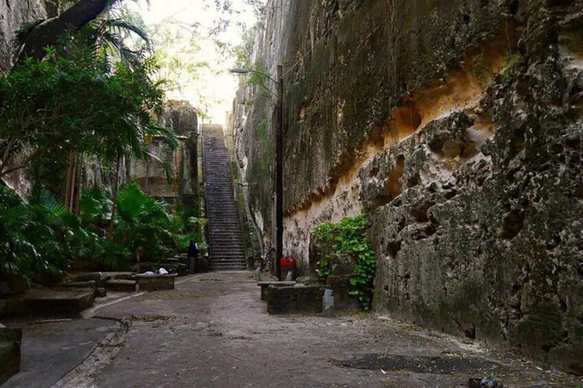 Un estrecho callejón con escalones que suben a un nivel superior, rodeado de follaje y muros de piedra. 2