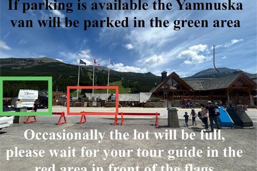 A parking area with green and red zones, a Yammuska van, and flags. 2