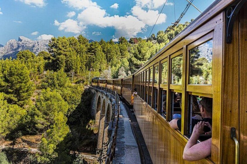 A train traveling through a mountainous area with dense green forests and rocky terrain. 2