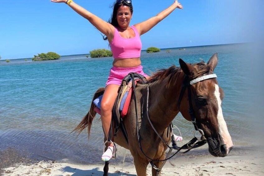 Eine Person reitet auf einem Pferd am Strand, im Hintergrund klares Wasser und entfernte Inseln. 2
