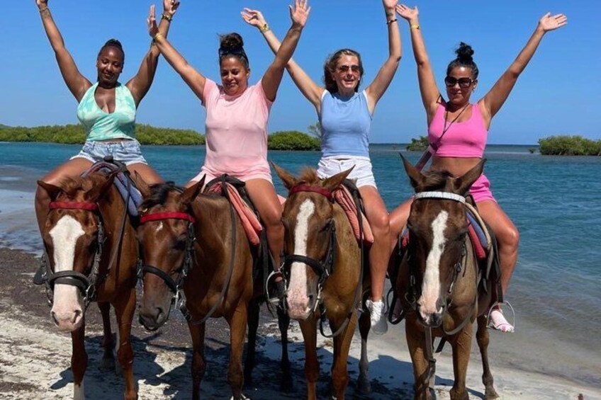 Vier Personen reiten auf dem Pferd am Strand, die Arme erhoben. 3