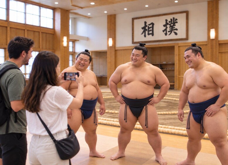 Vier Sumo-Ringer in traditioneller Umgebung mit Holzbauten und einem Schild mit japanischen Schriftzeichen. 5