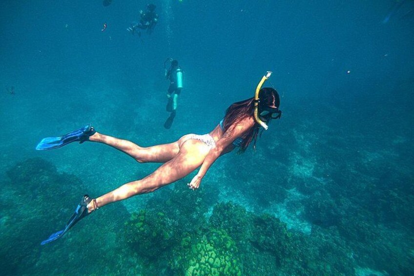 Eine Person taucht mit Flossen und Schnorchel unter Wasser. 2