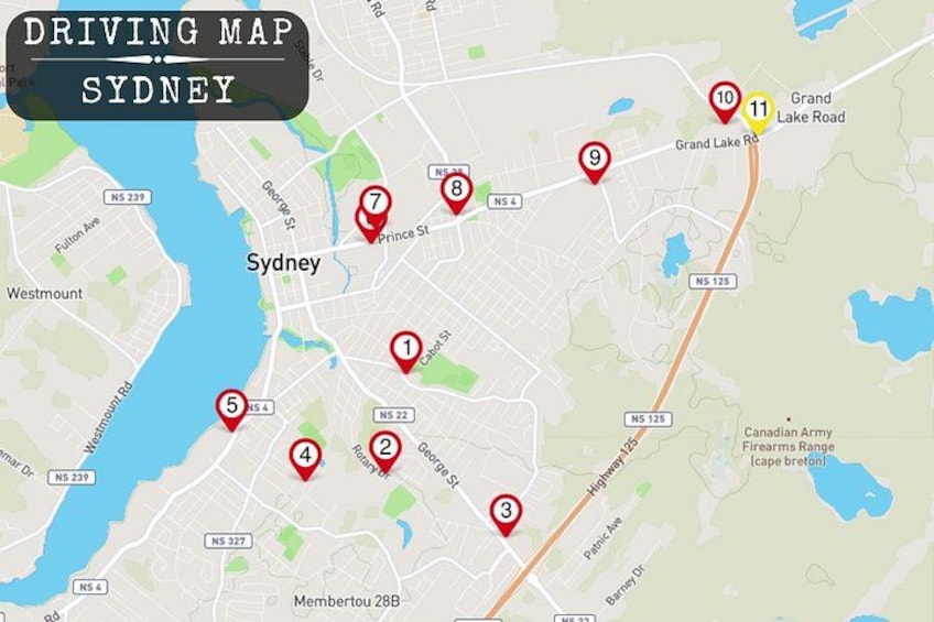 A driving map of Sydney with marked locations and roads. 3