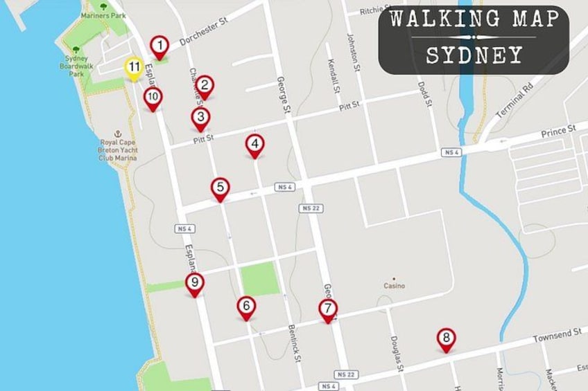 A walking map of Sydney with numbered red pins indicating points of interest. 2