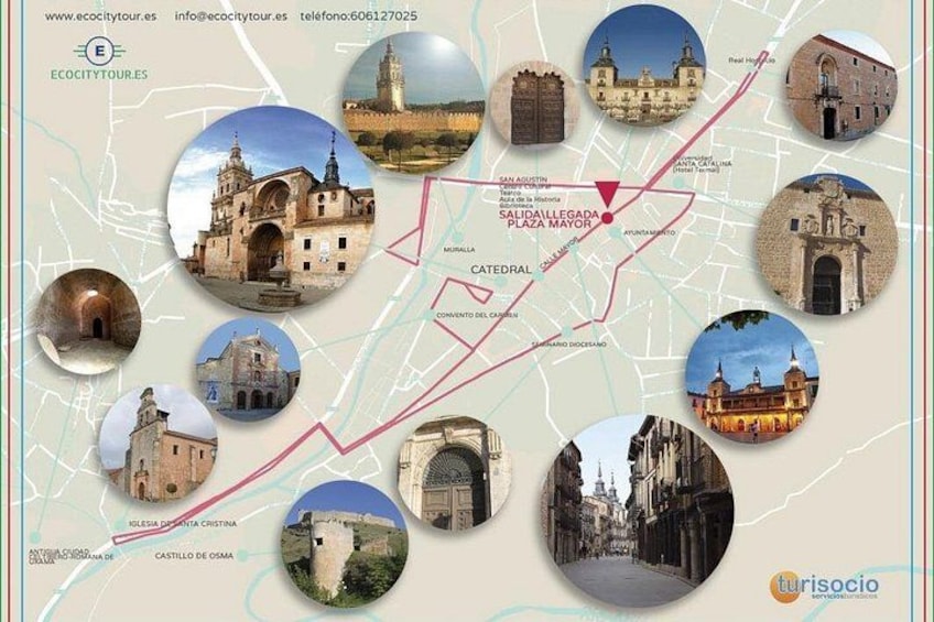 A map with various landmarks and a red route. 1