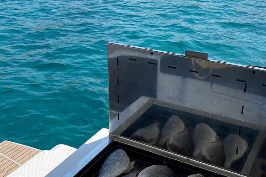 A boat's open hatch with a fish tank containing several fish. 2