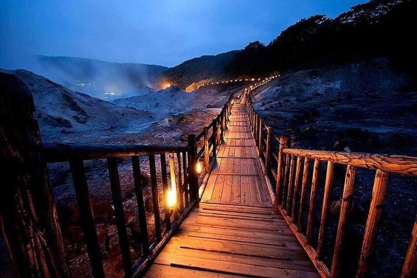 A wooden boardwalk leading through a snowy landscape at dusk. 4