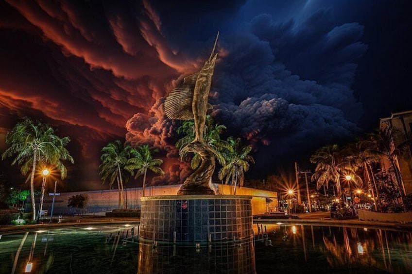 A nighttime scene with a statue of a bird, palm trees, and a building with lights. 2