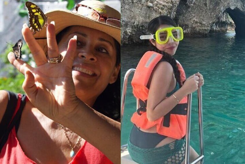 A person holding a butterfly and another person wearing a life jacket and snorkel gear. 1