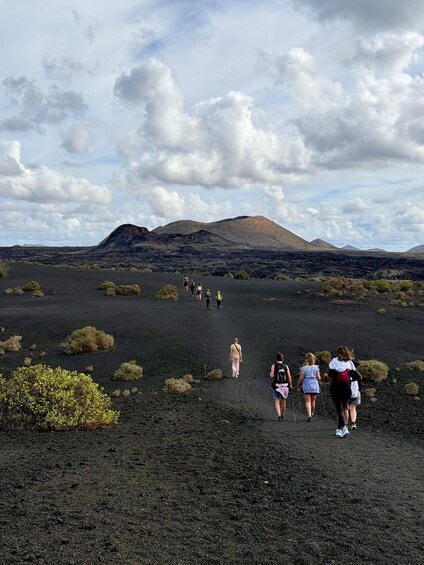 En grupp människor vandrar i ett vulkaniskt landskap med gles vegetation och ett berg i bakgrunden. 4