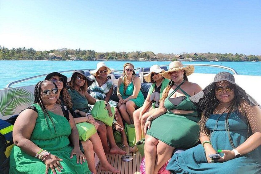 A group of people on a boat with a clear blue sea and a coastline in the background. 5