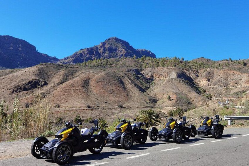 A line of ATVs parked on a road with a mountainous landscape in the background. 2