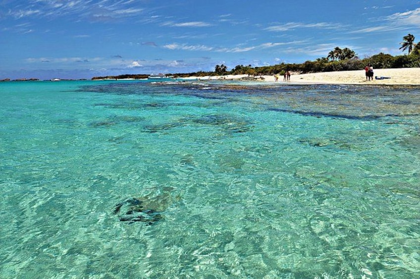 A beach with clear turquoise water, a sandy shore, and palm trees in the background. 2