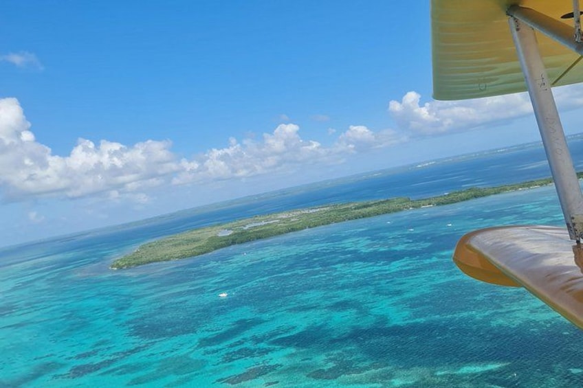 A clear blue sky, turquoise ocean, and a small island with lush greenery. 5