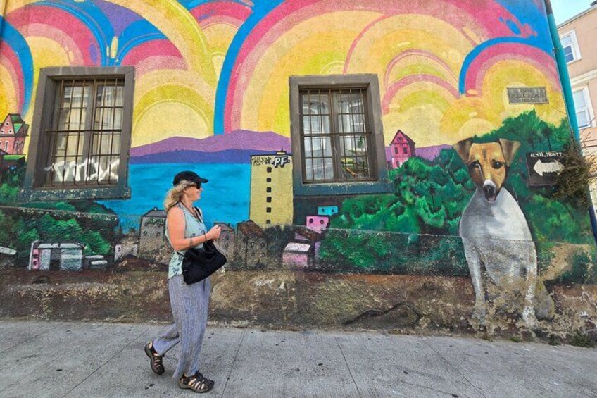 Un murale raffigura un cane e una donna che camminano di fronte. 5