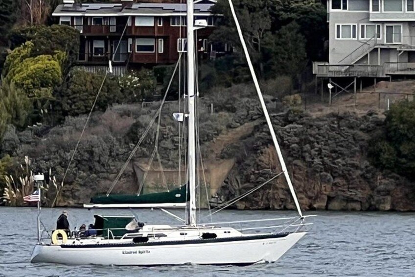 A sailboat named 'Lindsey Butler' on calm water with a rocky shoreline and residential buildings in the background. 2