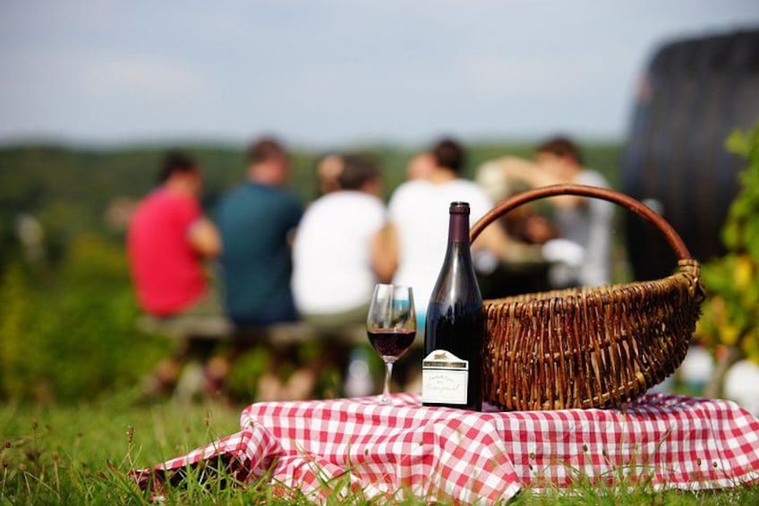 Une scène de pique-nique avec un panier en osier, une bouteille de vin et des verres disposés sur une nappe à carreaux dans un champ herbeux. 2