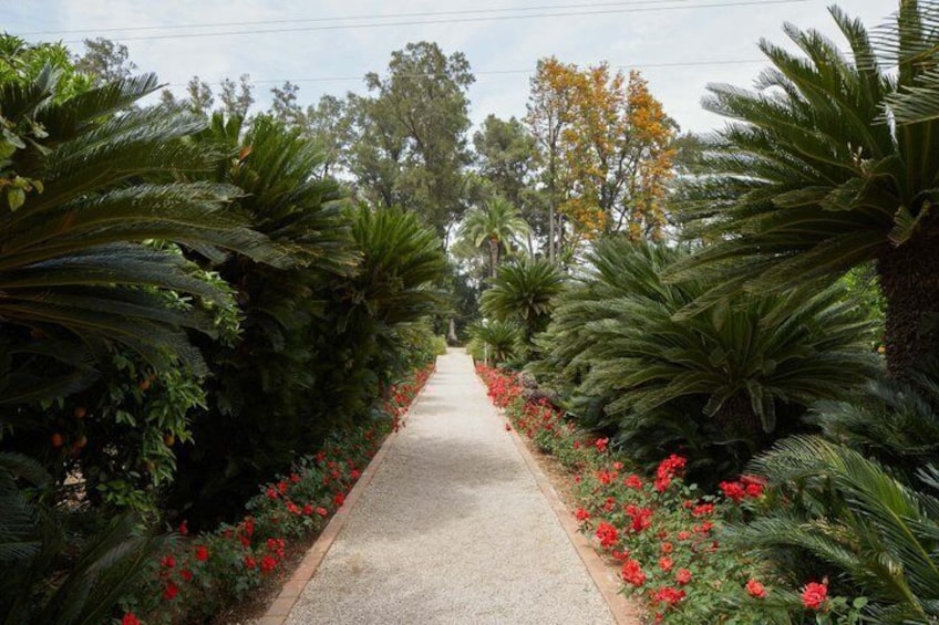 A pathway flanked by lush greenery and red flowers. 2