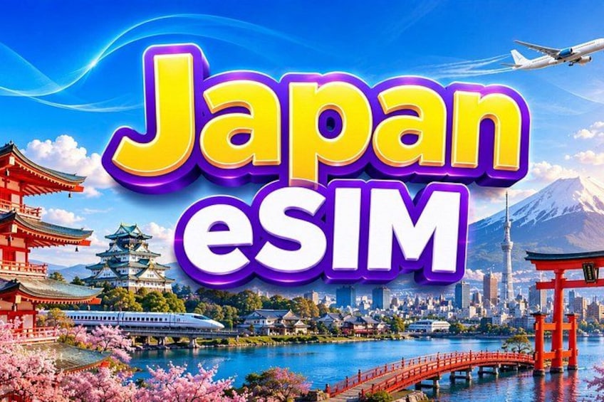Japan eSIM, cherry blossoms, Tokyo Tower, Mount Fuji, and a bridge. 1