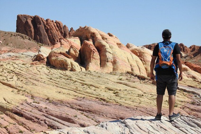 A person standing on a rocky terrain with layered sedimentary rock formations. 5